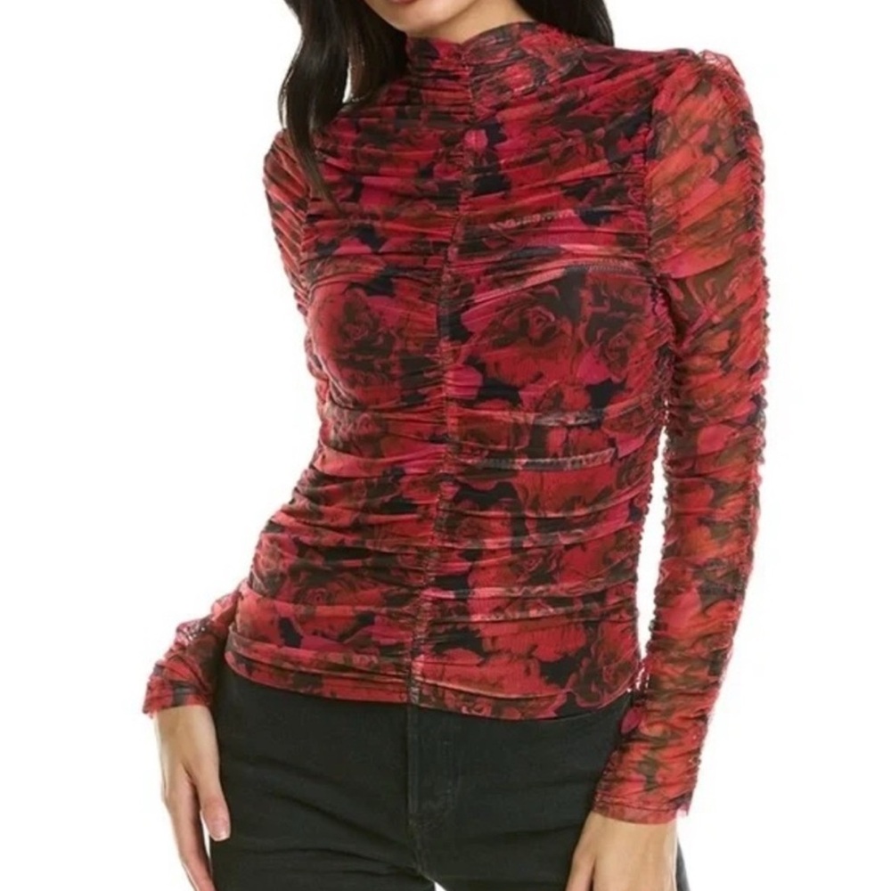 Bagatelle Ruched Rose Print Bodycon Mesh Floral Top L Large